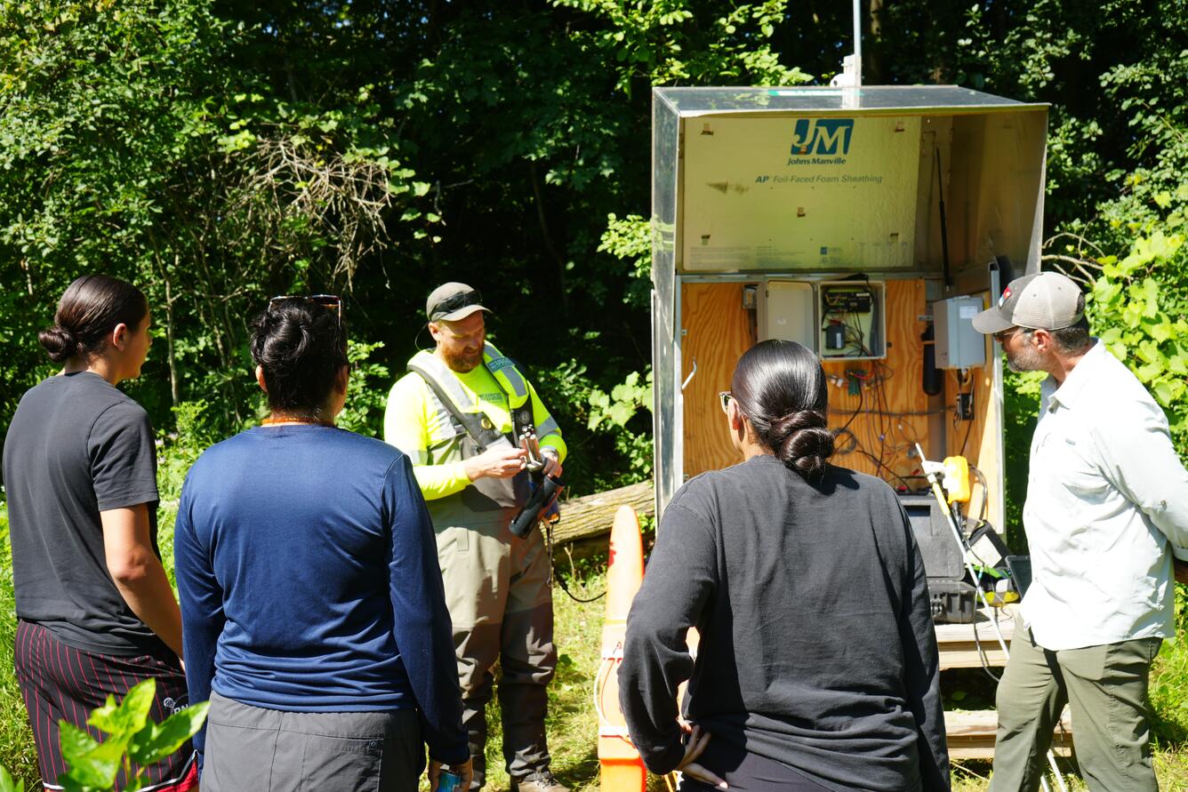 Hydrologic technician explains water quality sonde to staff and students while standing next to open streamgage housing