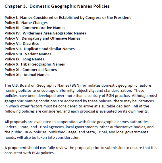 Screen capture of domestic geographic names policies documentation