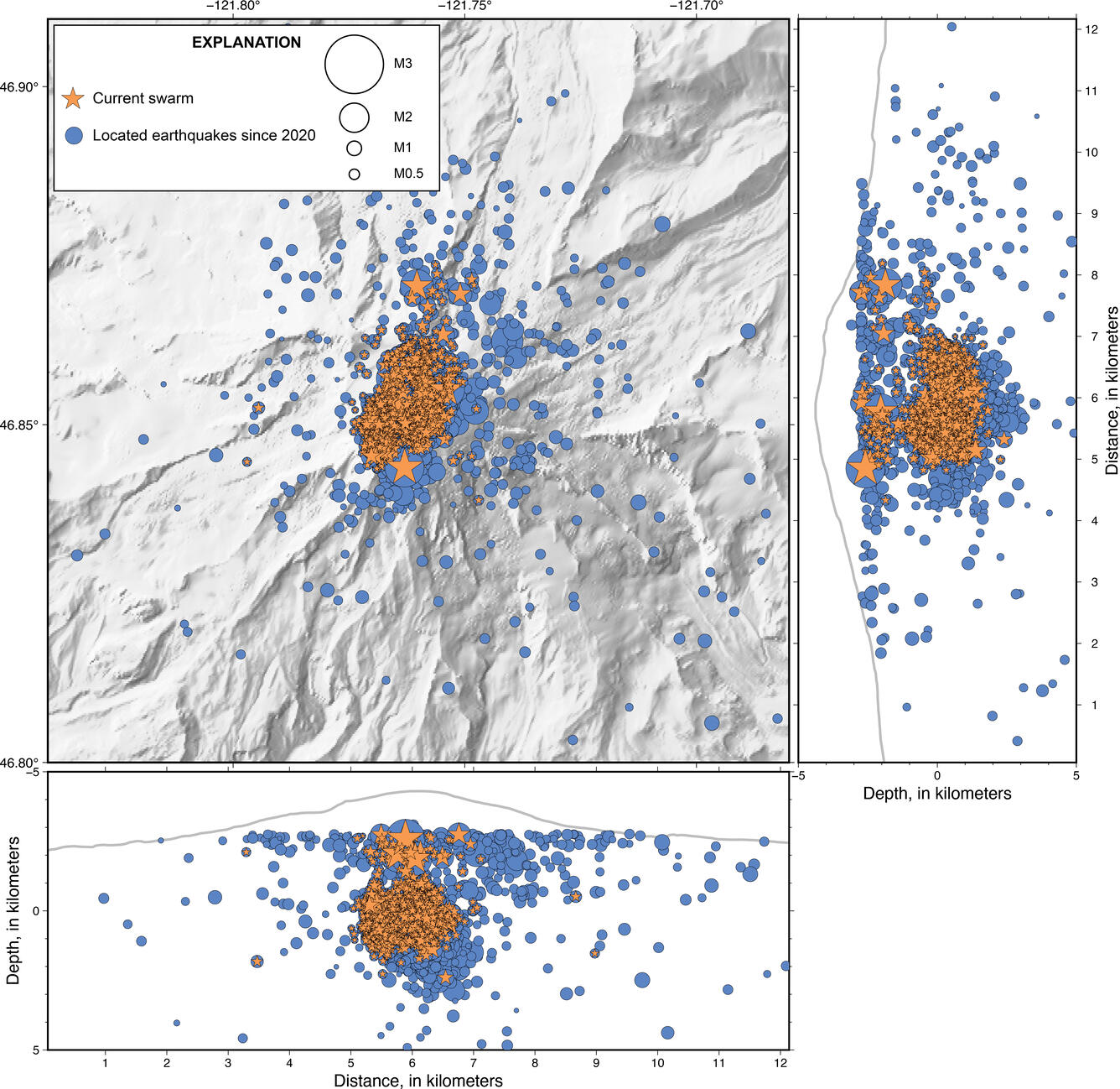 shaded relief map with July 8 - August 8, 2025, earthquakes in orange beneath summit of Rainier