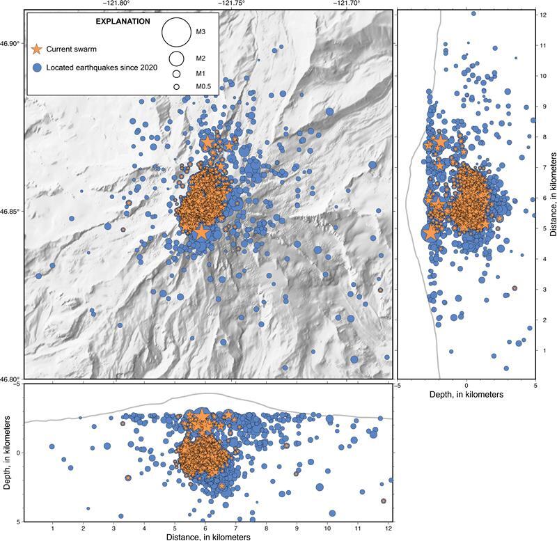 shaded relief map with July 8 - August 11, 2025, earthquakes in orange beneath summit of Rainier