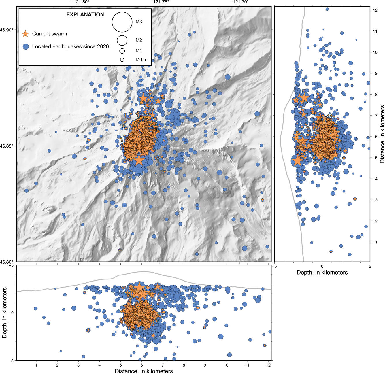 shaded relief map with July 8 - August 15, 2025, earthquakes in orange beneath summit of Rainier