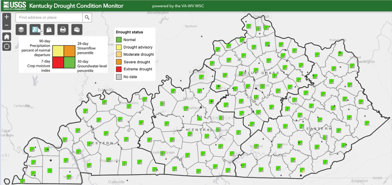 Monitor water-supply-drought conditions relying upon four parameters: precipitation, streamflow, groundwater level, and crop moisture index. 