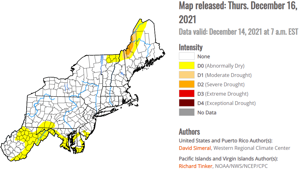 Map of the U.S. showing drought conditions in the Northeast Region in December 2021