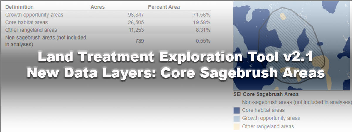 text says Land Treatment Exploration Tool v2.1 new data layers: core sagebrush areas, map in the background