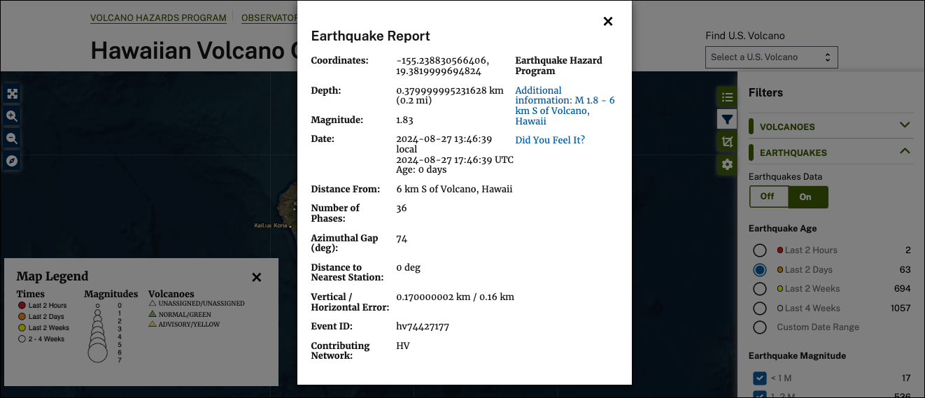 screenshot of volcano monitoring map showing an earthquake report.