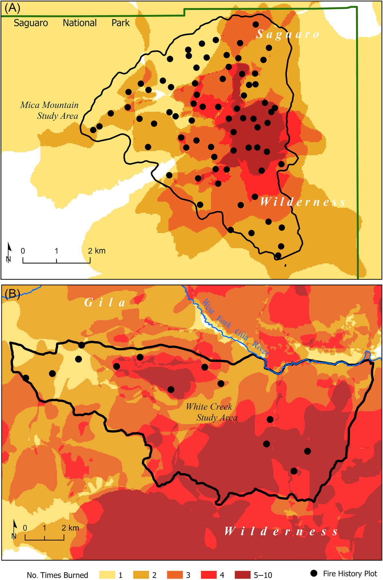 a yellow to orange color gradient on two maps, with dot and line overlays displaying sampling locations