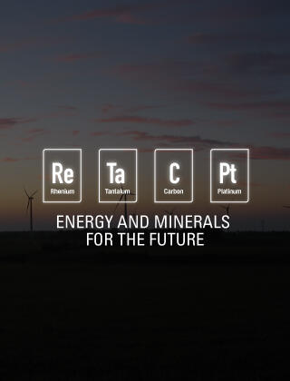 Energy and Minerals for the Future with mineral commodity icons with wind turbine field during sunset