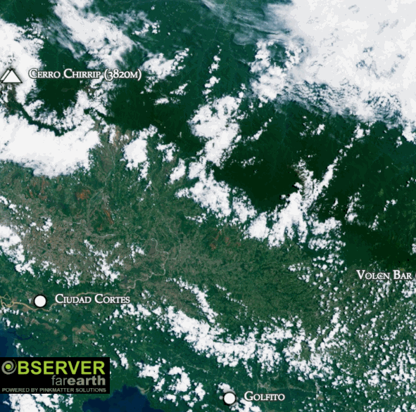 Animated image of satellite feed capturing flyover of land and water