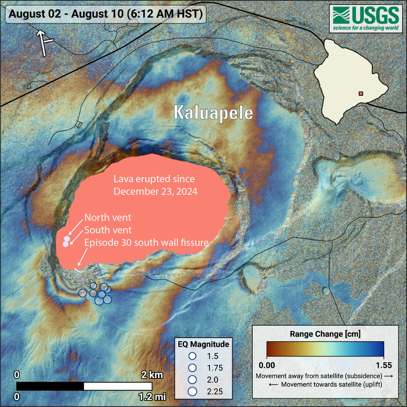 Color map showing deformation on a volcano