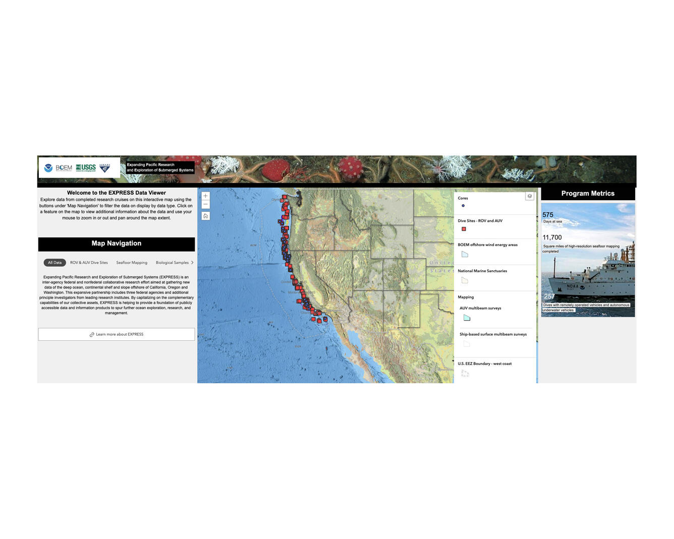 A screenshot of the top of a web page for viewing data using a map interface.