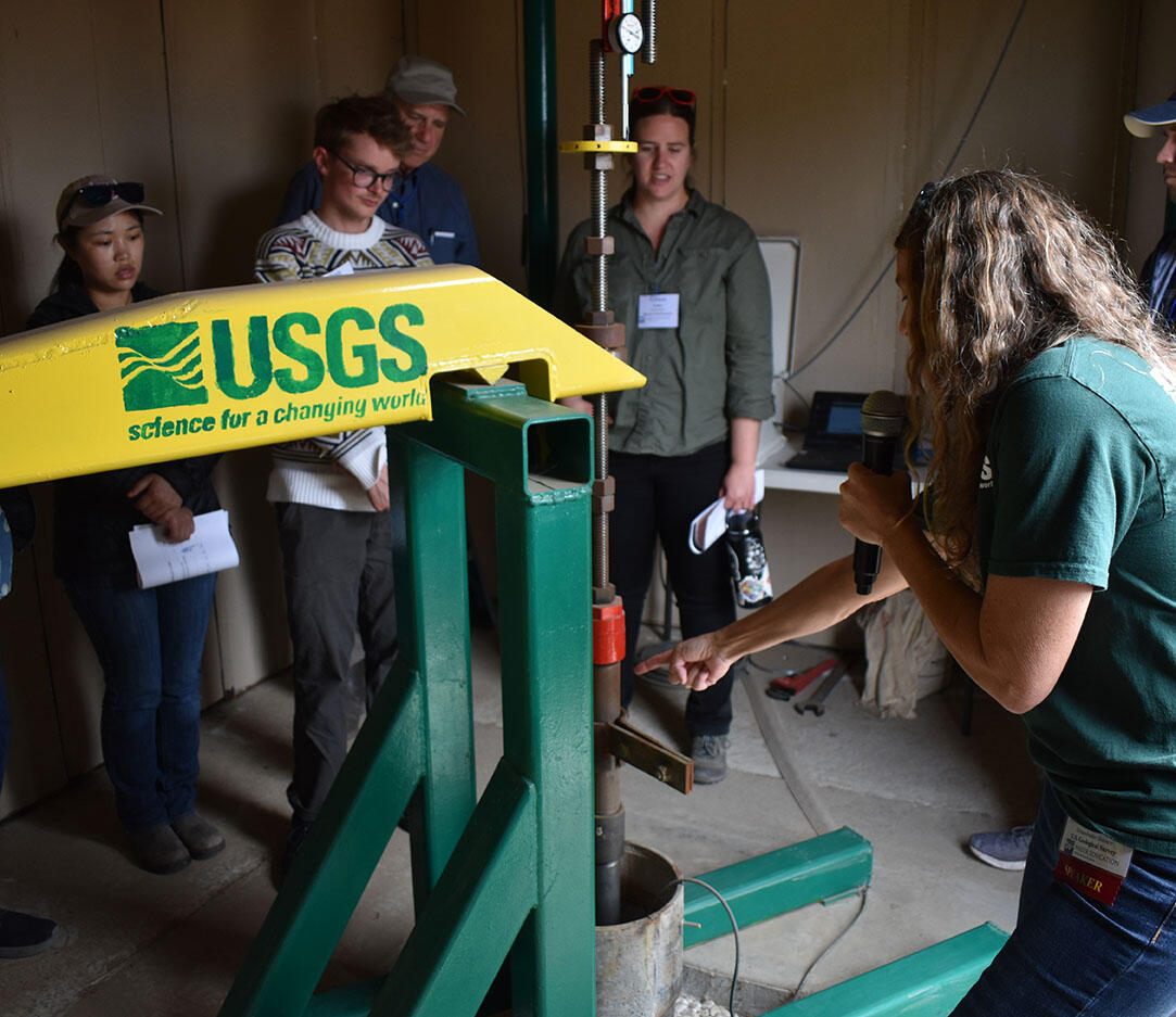 USGS scientist Michelle Sneed explainins the extensometer