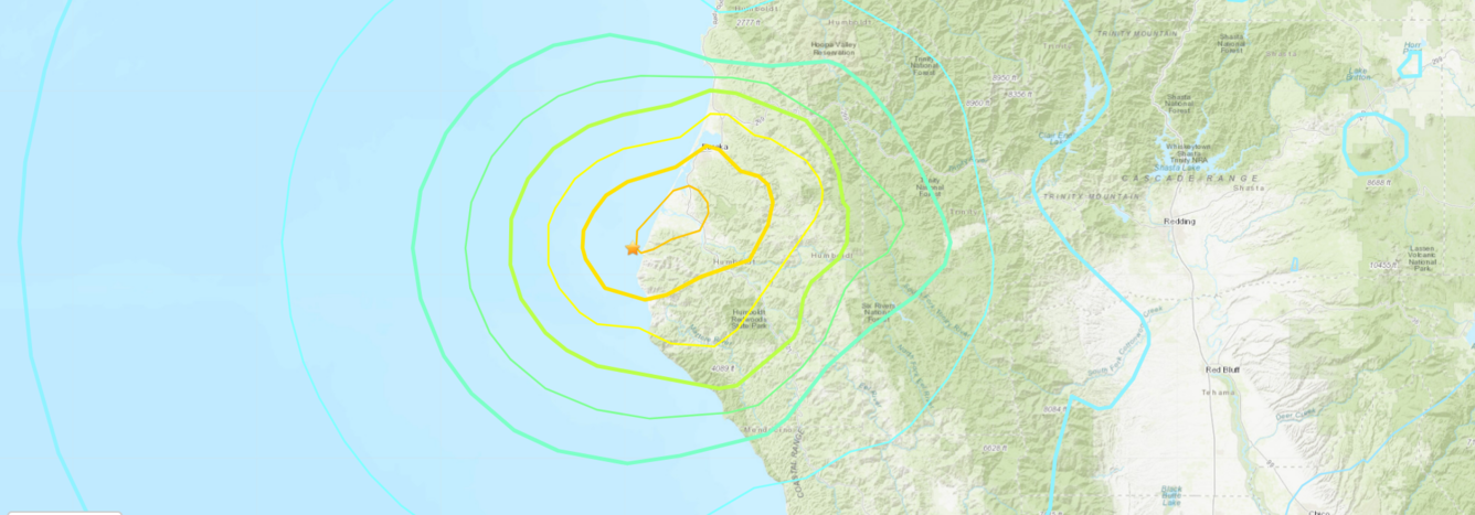 Map showing earthquake epicenter just offshore Ferndale, CA on the Northern CA coast just south of Eureka