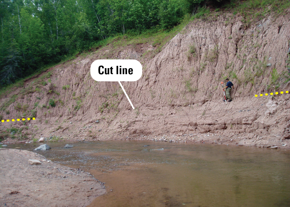 USGS scientist walks along a small bluff shelf carrying surveying equipment.