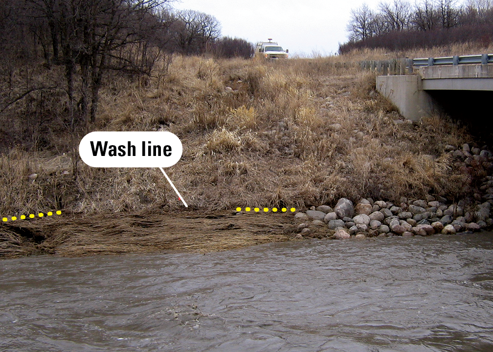 A section of grass along a stream shoreline has been bent and flattened in the direction of the streamflow.