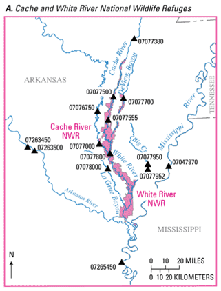Map of USGS stream gages in Cache and White River National Wildlife Refuges, Arkansas