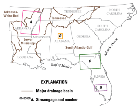 Selected National Wildlife Refuges (NWRs, shown in color) in the southeastern United States (U.S. Fish and Wildlife Service) and U.S. Geological Survey streamgages on river systems that affect refuge hydrology.