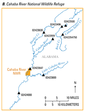 Map of USGS stream gages in Cahaba River National Wildlife Refuge