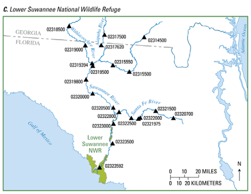 Map of USGS stream gages in Lower Suwannee National Wildlife Refuge