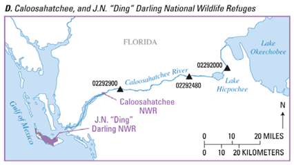 Map of USGS stream gages in Caloosahatchee, and J.N. "Ding" Darling National Wildlife Refuges