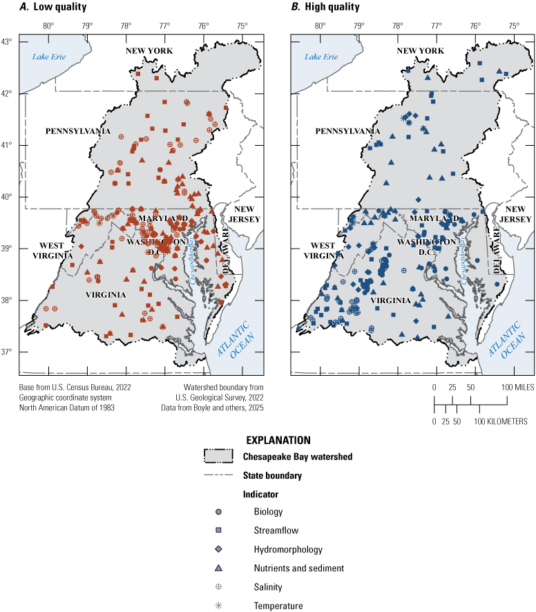 Two maps showing low and high quality status values