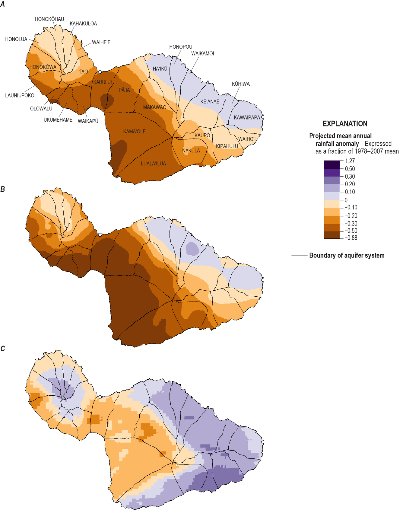 Purple positive values=more rainfall. Orange-brown negative values=less rainfall.