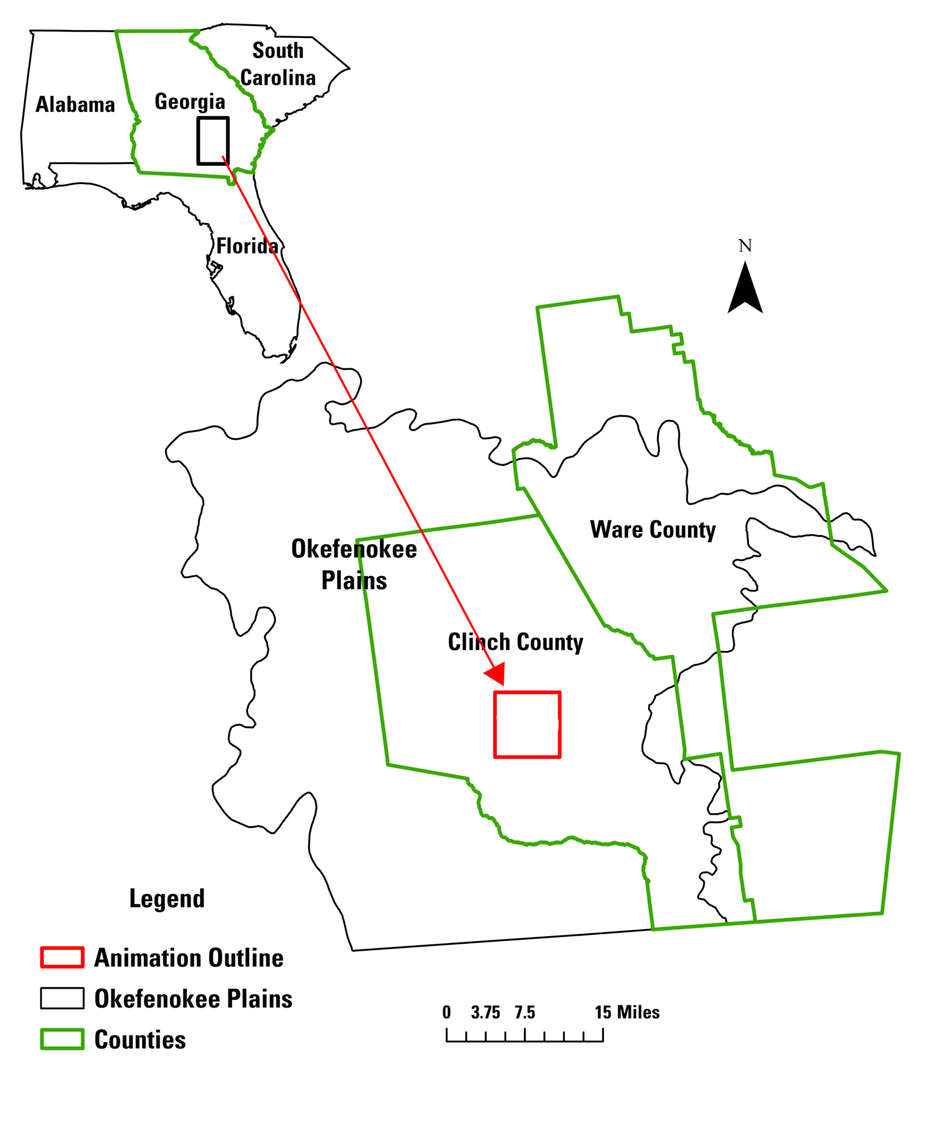 Map showing southeastern US in the upper left with an arrow from Georgia leading to a section of the state in the lower right