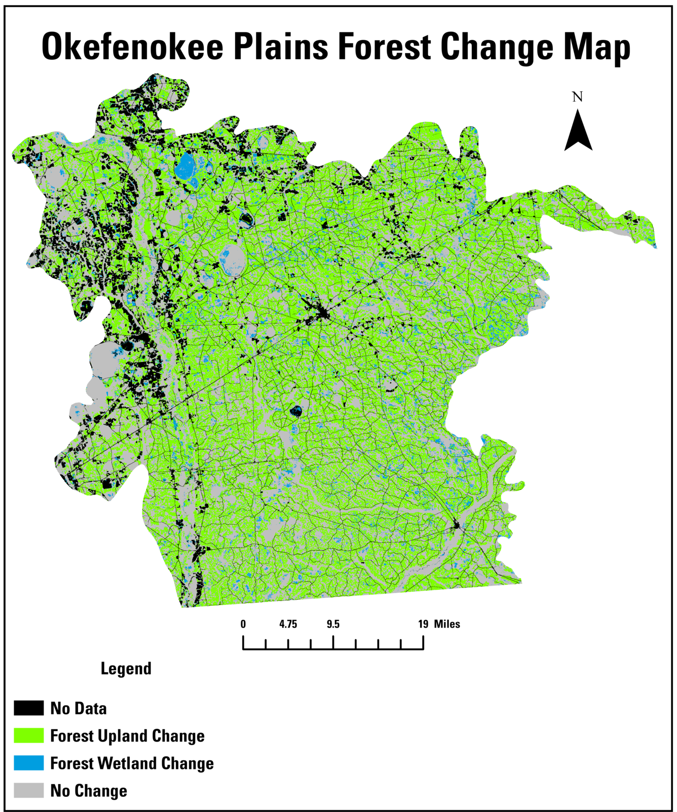 A map of an irregularly shaped area with mostly green background, black text labels and a legend