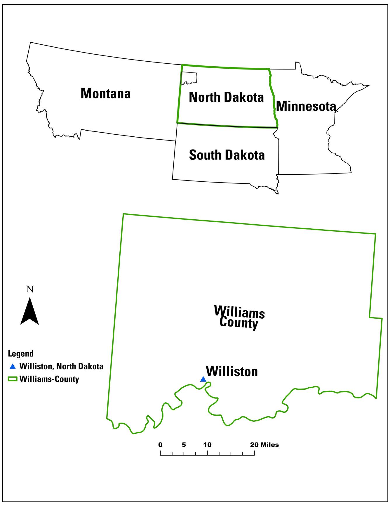 A map of the borders of several states above a map of the border of Williams County, North Dakota, with Williston marked