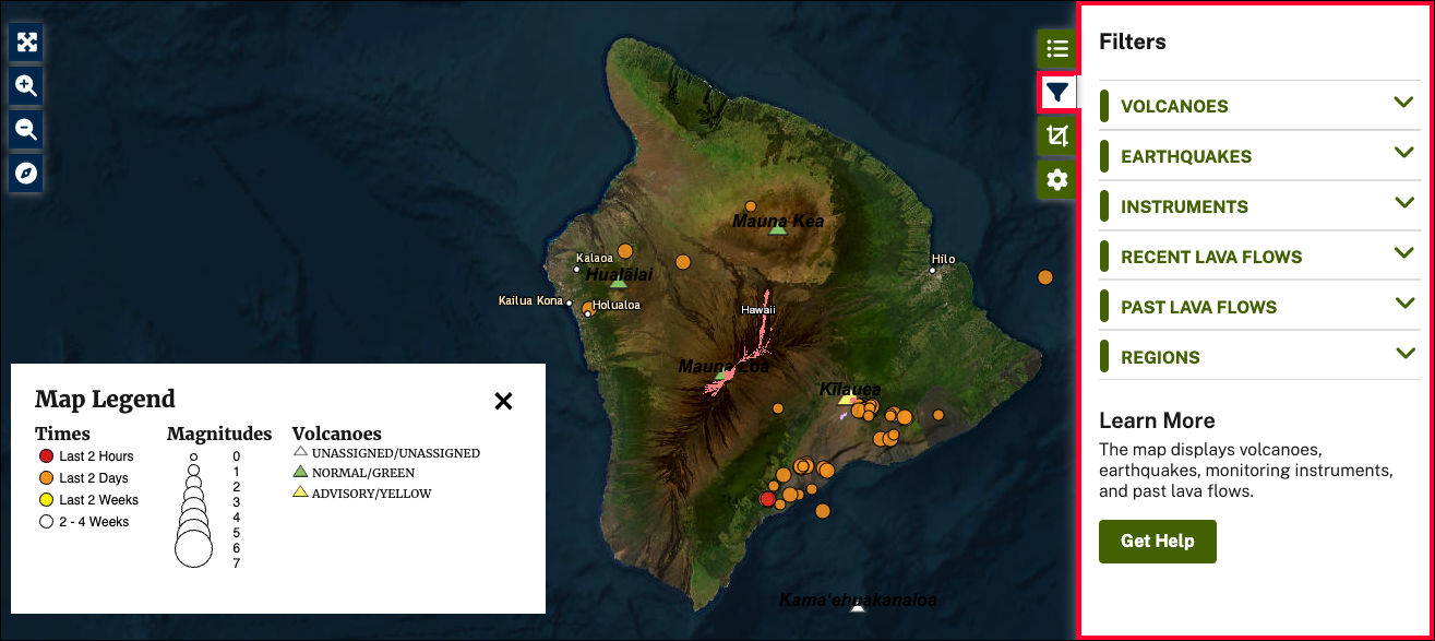 Screenshot of volcano monitoring map showing filter panel