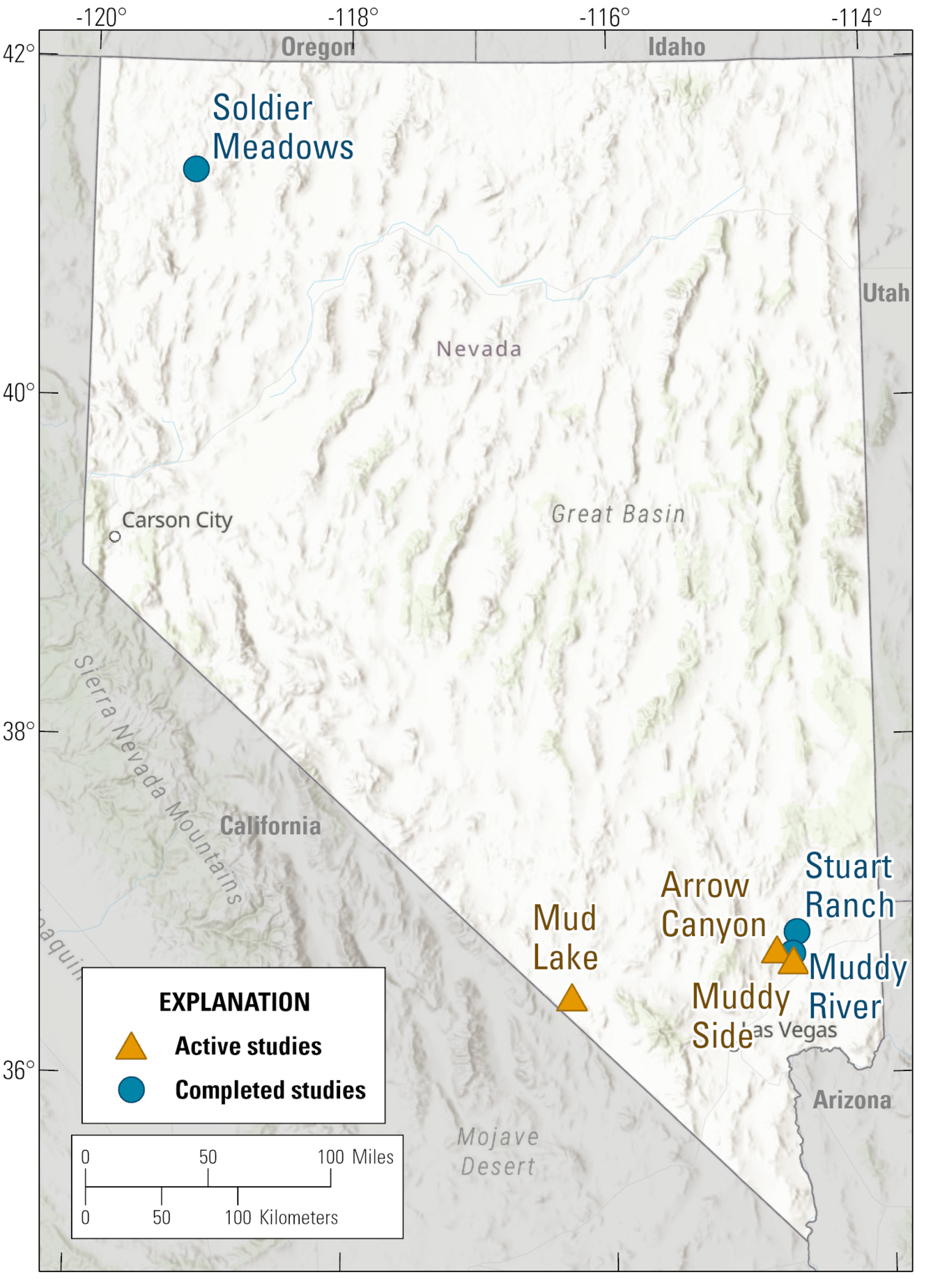 Map of Nevada showing streamflow modeling study sites as colored triangles and circles, mostly in the south.
