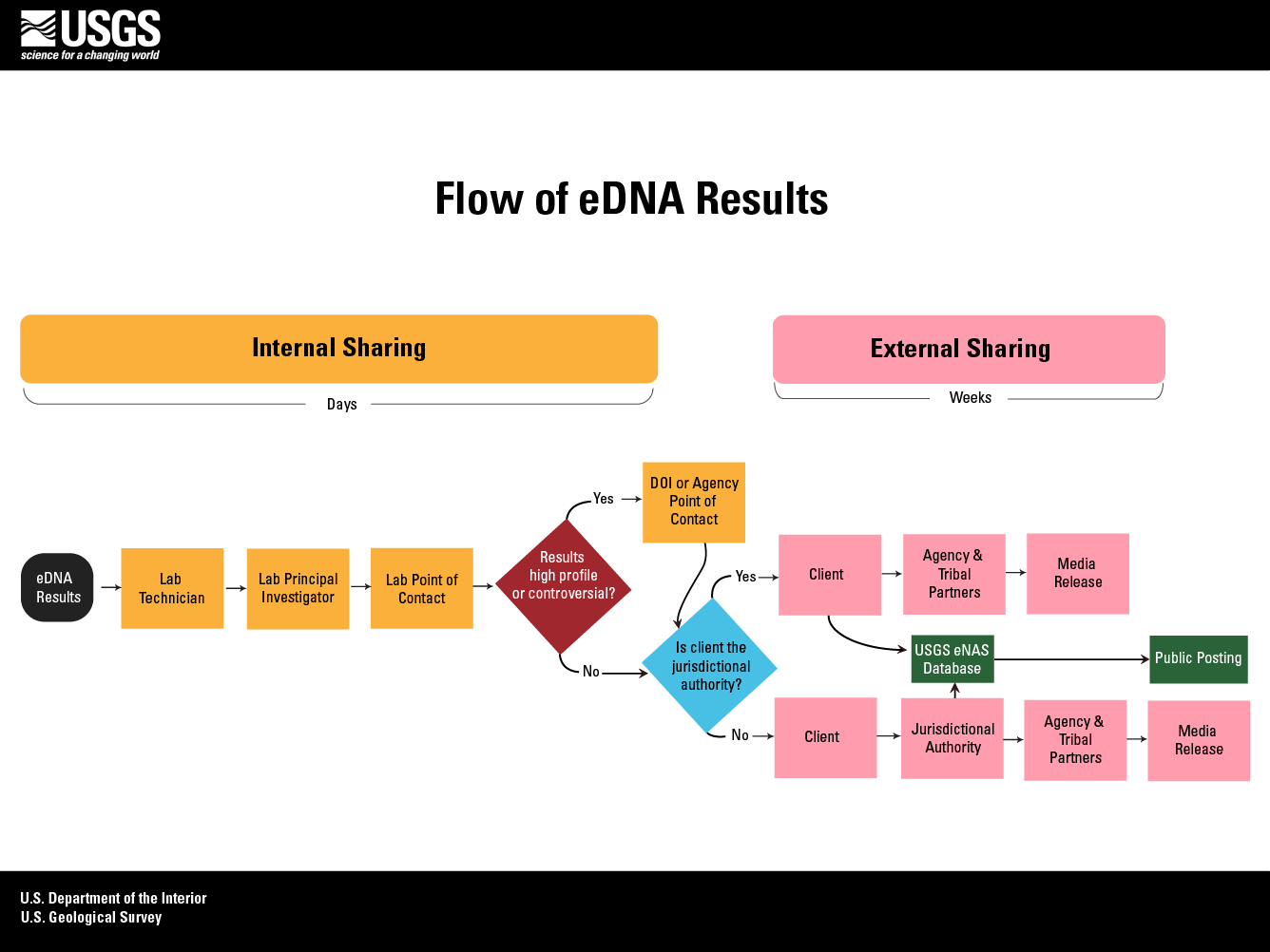 A diagram of the general flow of eDNA results and how the information is passed both internally and externally.