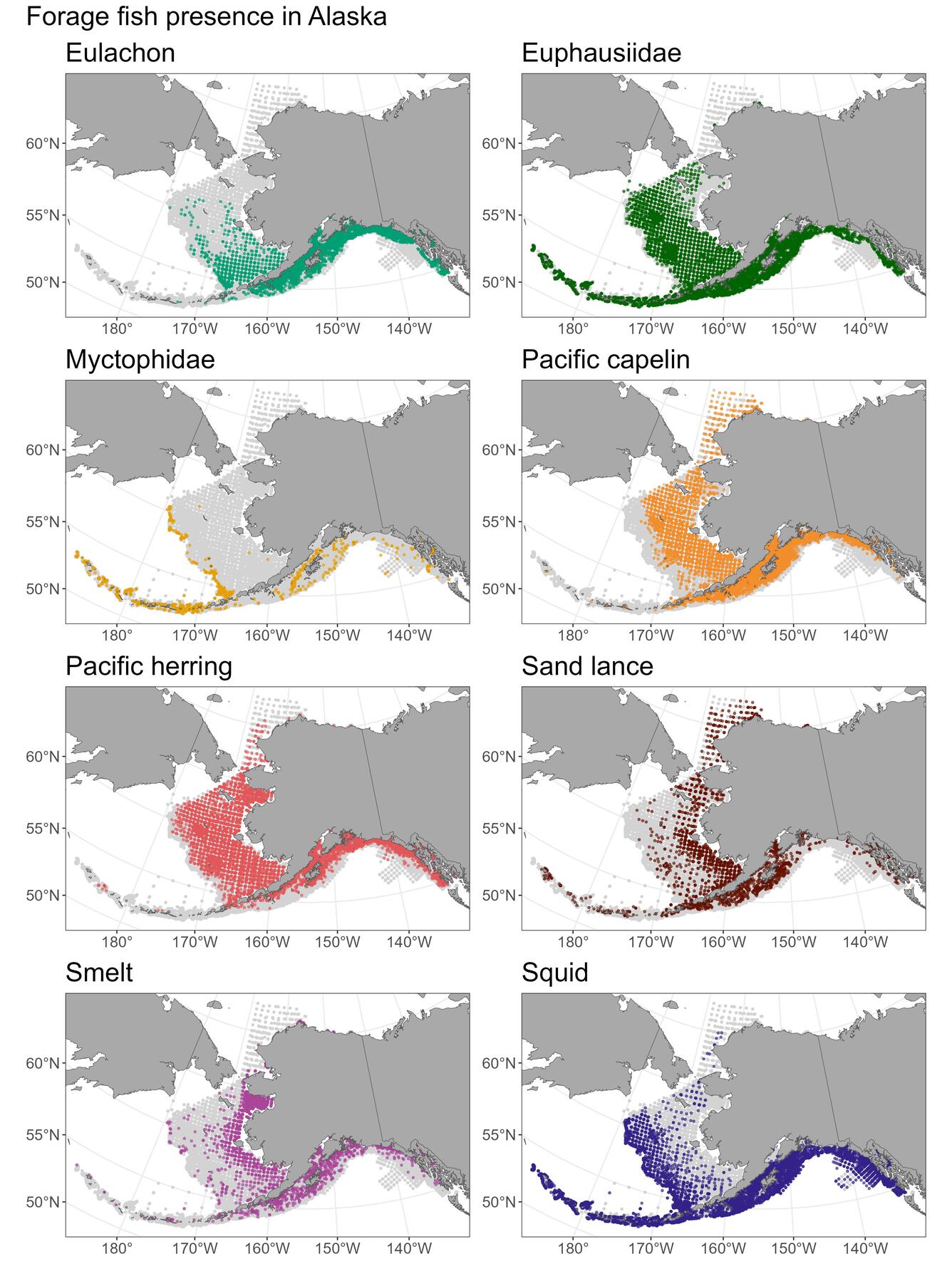 Maps of eight forage fish at sampling sites were found in Alaska.