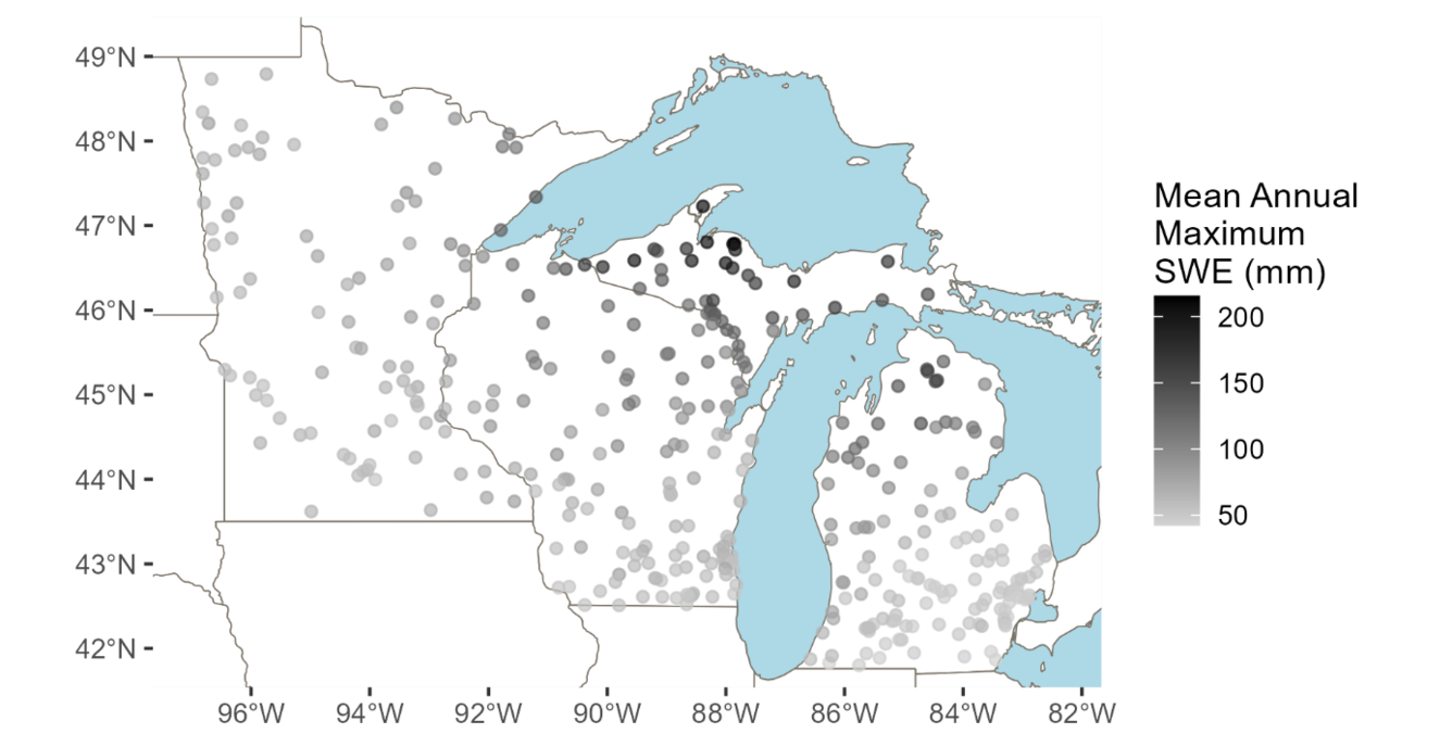 Map of streamgages in the GAGES2 dataset and snow water equivalent