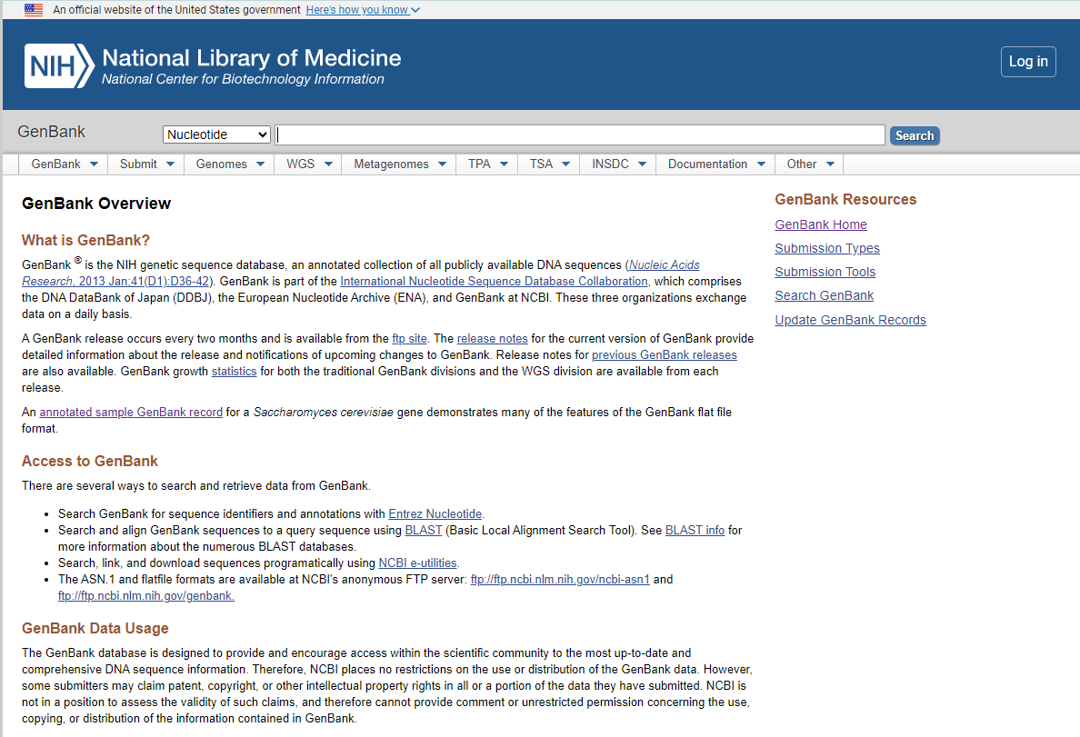 Screenshot of GenBank homepage, including an overview, information on access, and data usage