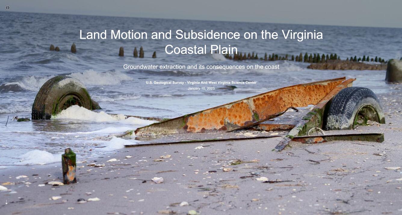 Image of an abandoned mobile home on Tangier Island with the text 'Land Motion and Subsidence on the Virginia Coastal Plain'