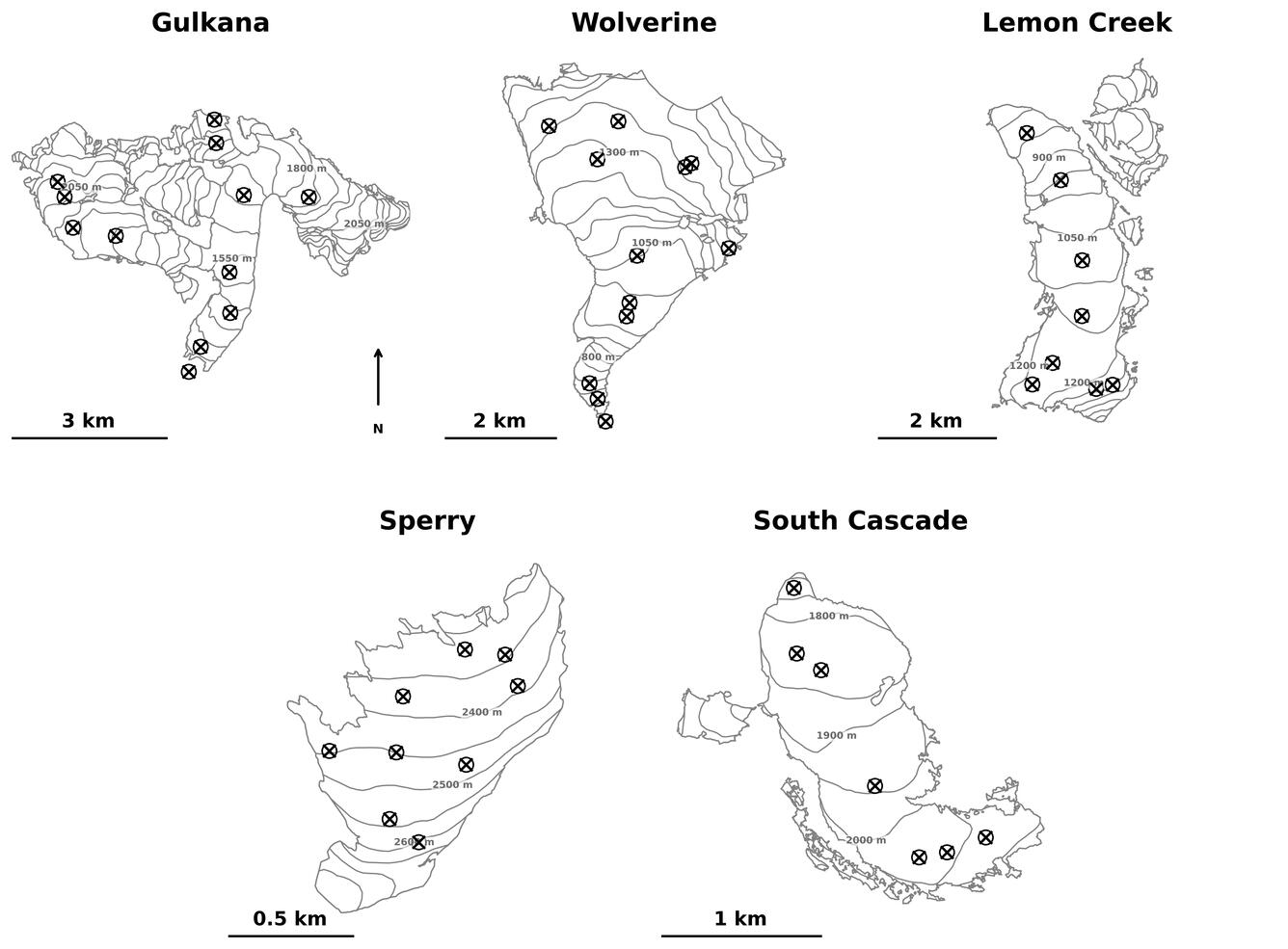 Black and white maps showing the locations of sampling within benchmark glaciers.