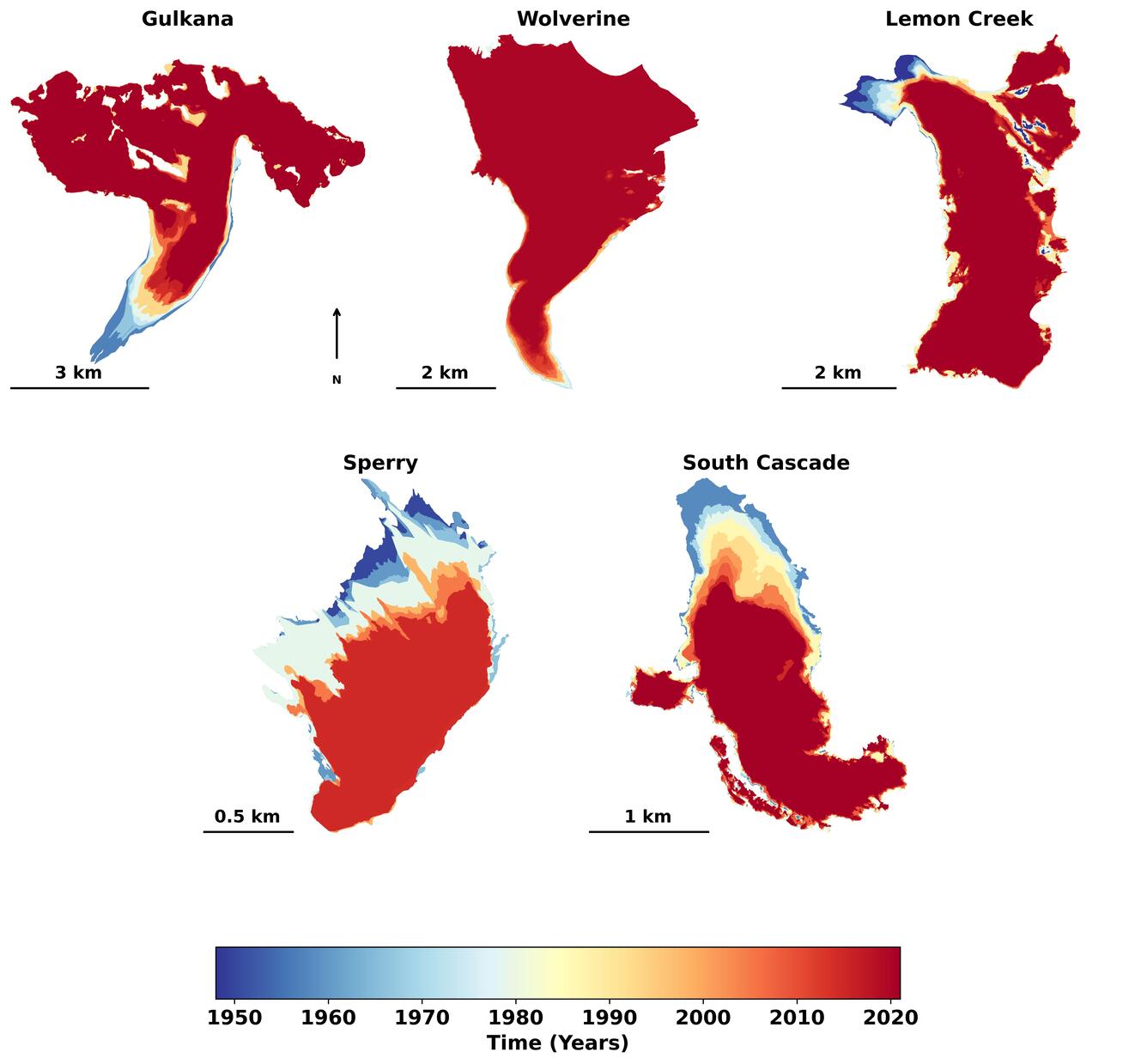Heat maps (blue to red) showing change in glacier size from 1950 to 2020.