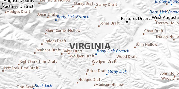 Geographic names and locations over shaded relief in Virginia 