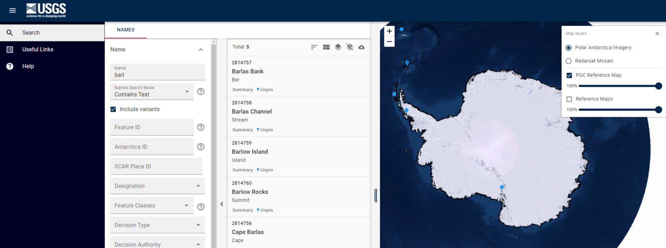 Screenshot of the Antarctic Geographic Names Information System web interface