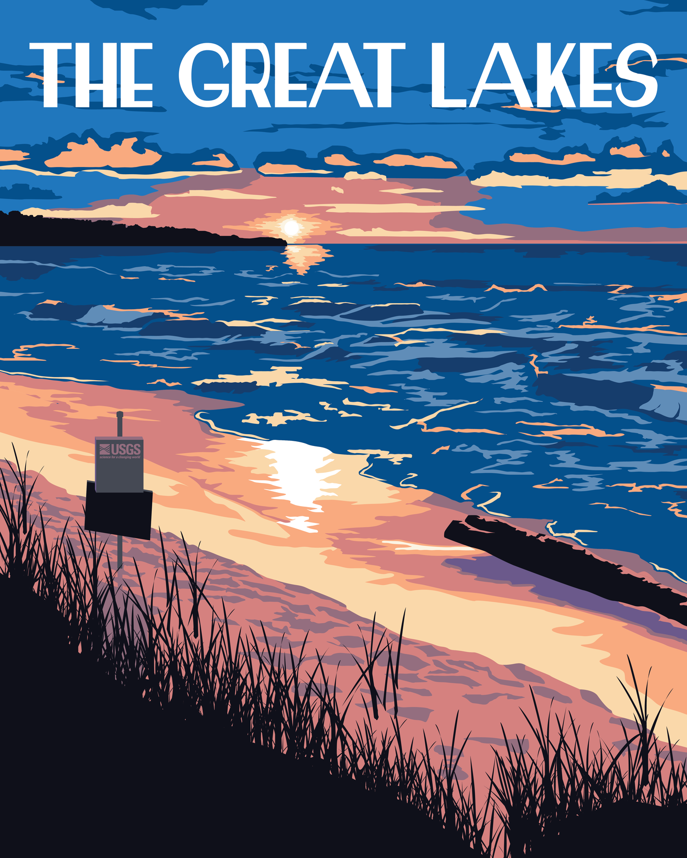 Vintage-style poster of a Great Lake during sunset with a USGS streamgage in the foreground on the shore.