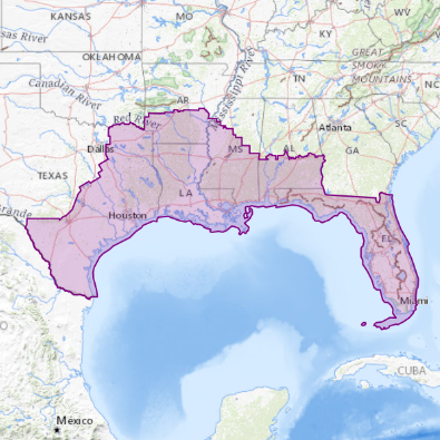 Gulf Coast Geologic Energy Assessments and Research (GEAR) project spatial extent