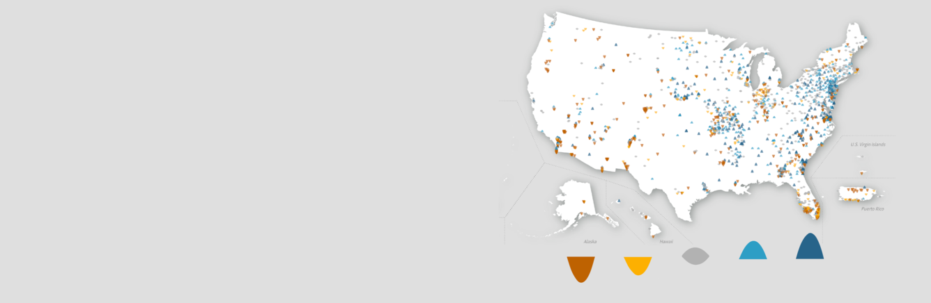 Single frame from an animated groundwater data viz. This map of the United States, the Virgin Islands, Guam, American Samoa, and the Northern Mariana Islands is on a gray background. The peaks and troughs for groundwater are shown on this map, with the larger version of these displayed on the bottom.   