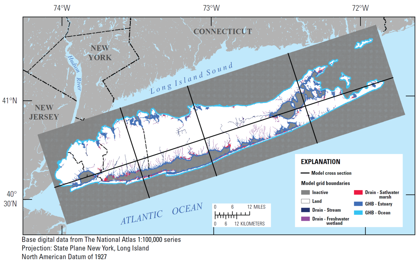 Model grid, active area and hydrologic boundaries in the upper glacial aquifer, Long Island, New York.