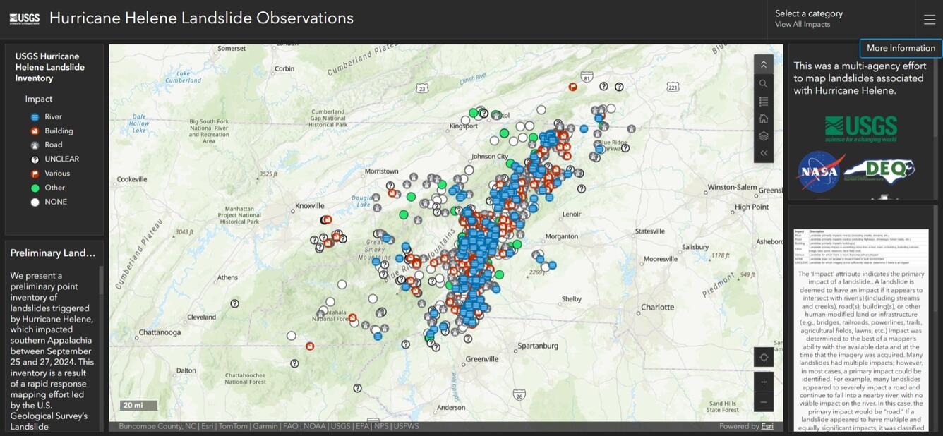 web map with multi-colored points showing landslide locations