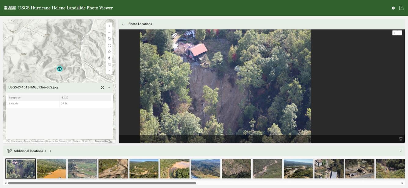 Screenshot of photo viewer with a landslide photo on the right and a map and table showing the location on the left.