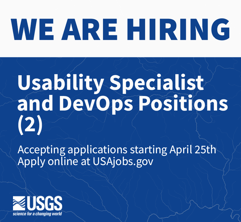 A banner announcing that the USGS is hiring a usability specialist and two DevOps positions. Apply online at USAjobs.gov. 