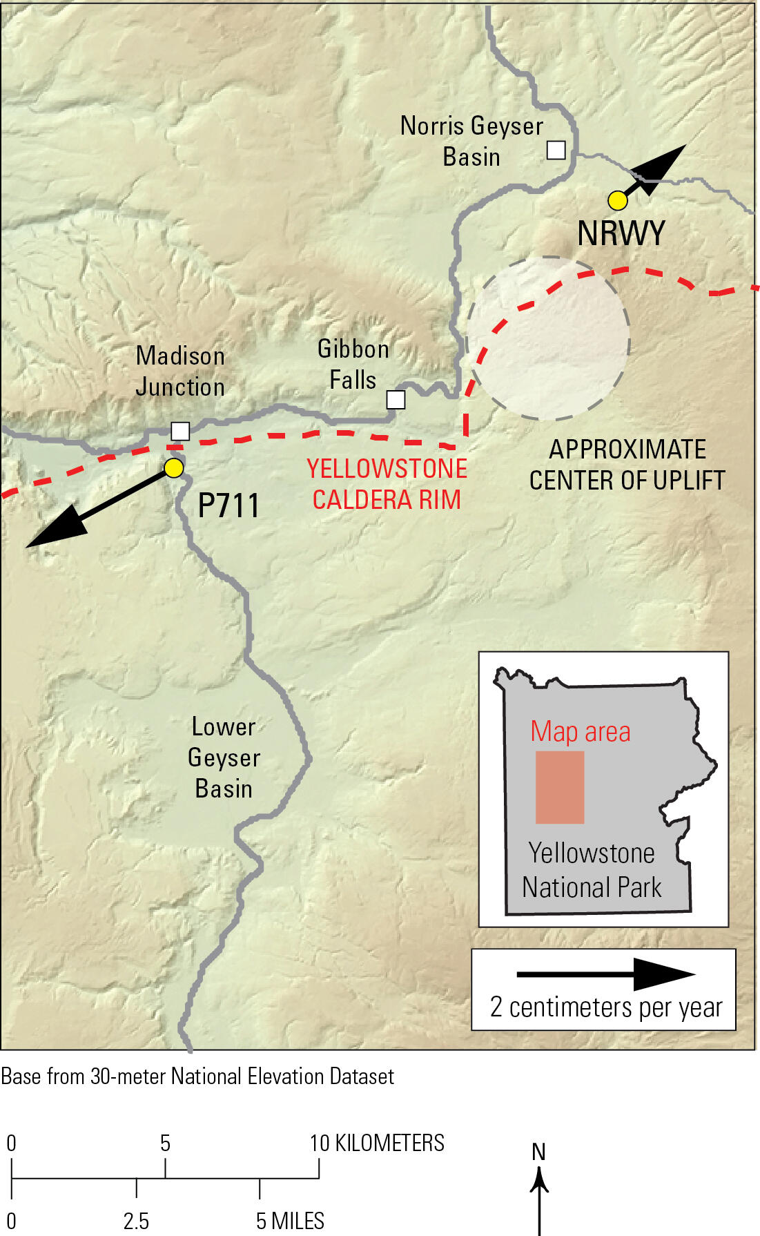 Shaded relief map of Madison Junction area of Yellowstone with arrows showing motion of GPS stations away from uplift source