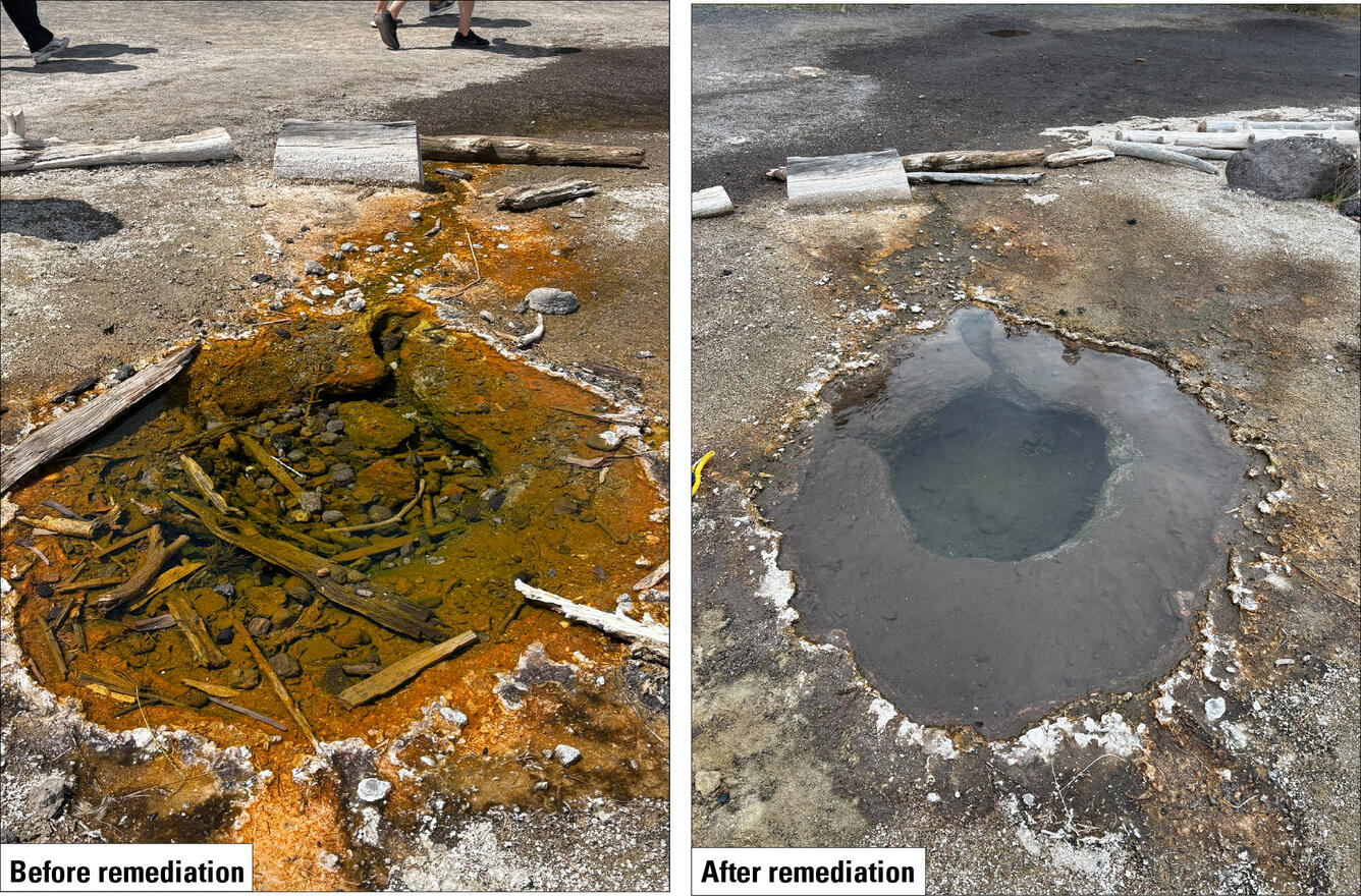 The same hot spring shown with lots of sticks and rocks and red in color, and cleaned of debris and clear to gray in color