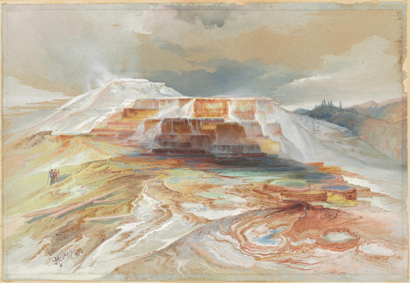 painting of reds, yellows, and blues along a terraced hot spring formation that is barren of vegetation