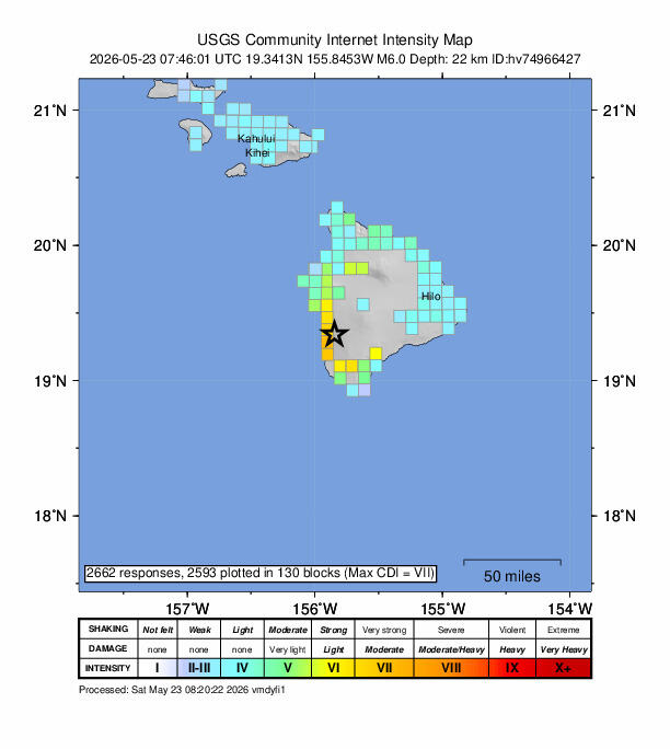 Color graphic showing intensity of earthquake shaking from felt reports